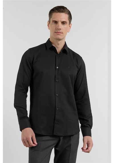 İmza Siyah Sert Yaka Uzun Kol Cepsiz Slim Fit Pamuklu Gömlek 1004255284