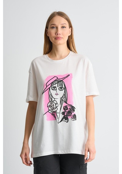 Alexandergardı Baskılı Bisiklet Yaka Kadın T-shirt Ekru