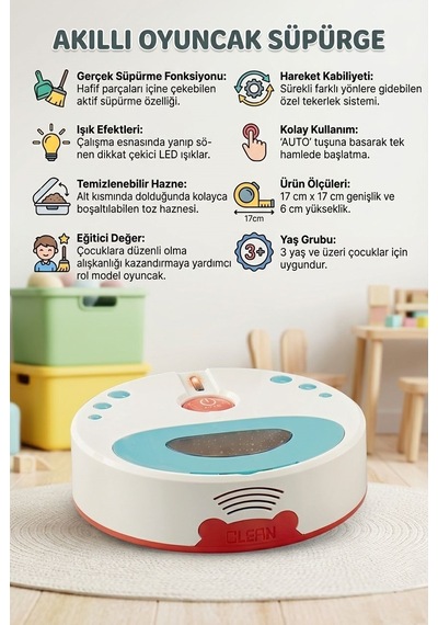 İlk Robot Süpürgem! Pilli Işıklı Süpürme Özellikli Hareket Eden Vakumlu Oyuncak Robot Süpürge