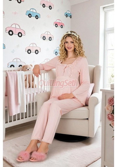 Quilling Bebe Pembe Renkli Dantel Detaylı, 33205 Uzun Kol, 2 Parça Lohusa Hamile Pijama Takımı Açık Pembe
