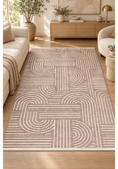 Helix Vizon Beyaz Özel Ölçü Kaymaz Taban Yıkanabilir Robot Süpürge Uyumlu Oturma Odası Koridor Halısı Polyester Kilim Vizon/beyaz