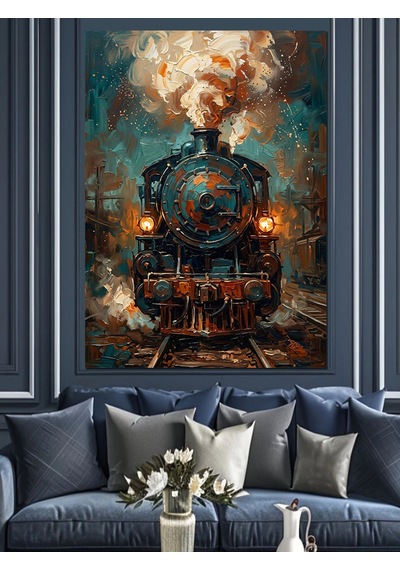 Buharlı Eski Tren Gece Ve Işıklı Dekoratif Kanvas - Mdf Ahşap Tablo Çok Renkli