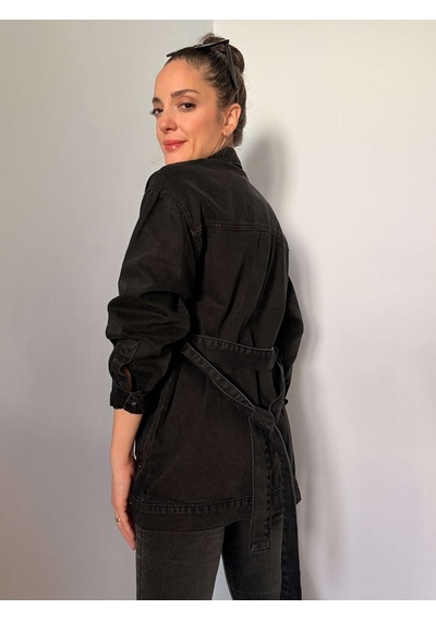 Siyah Kuşak Detaylı Denim Ceket Siyah