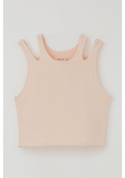 Breeze Kız Çocuk Crop Tişört Çift Askı Omuz Detaylı 9-16 Yaş, Somon Somon