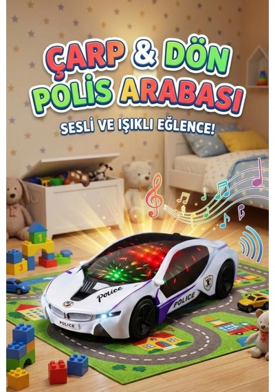 Çarp Dön Araba 1:18 Ölçekli 25 Cm Müzikli Ve 3d Işıklı Pilli Eğlenceli Oyuncak Polis Arabası Beyaz