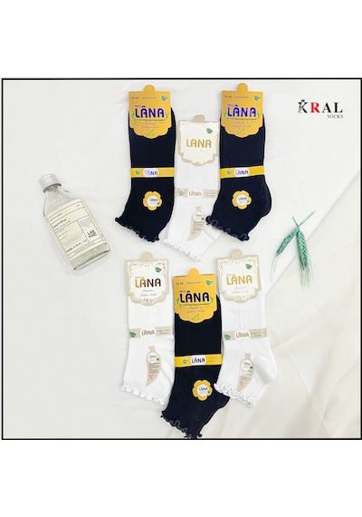 Kral Socks Kadın Bambu Çorap 6 Çift Fırfırlı Patik Kadın Çorap Siyah Beyaz