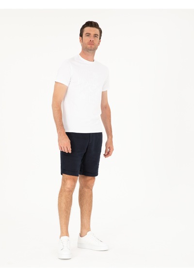 Cacharel Lacivert Regular Fit Beli Lastikli %100 Keten Şort