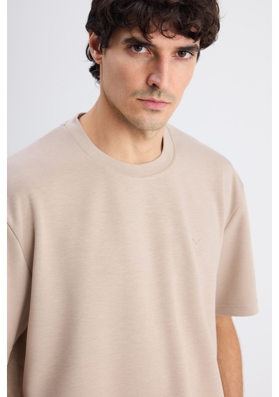 D's Damat Ds Damat Comfort Fit Bej Bisiklet Yaka Viskonlu Tişört 6hc14ort10013