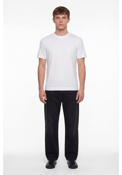 Sabri Özel Erkek Beyaz Normal Kesim Regular FitPamuk Dokuma Bisiklet Yaka Basic T-shirt