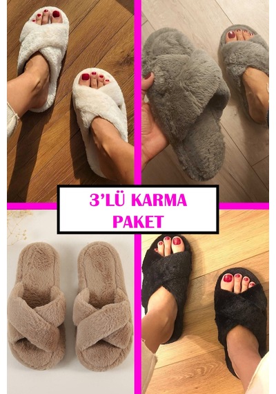Stwenn 3 Lü Avantajlı Paket Kışlık Peluş Desenli Sessiz Ortopedik Taban Çeyiz Misafir Ev Terliği Set 3'lü Lori