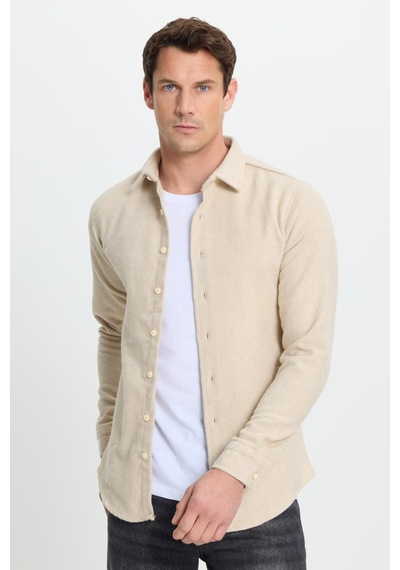 Tudors Erkek Slim Fit Dar Kesim Uzun Kollu Düz Kışlık Oduncu Bej Gömlek-41539