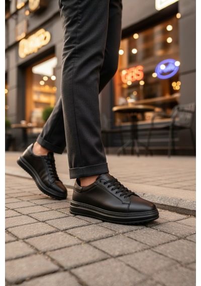 Enoch Hakiki Deri Günlük Bağcıklı Erkek Sneaker Comfort Taban Ayakkabı Siyah