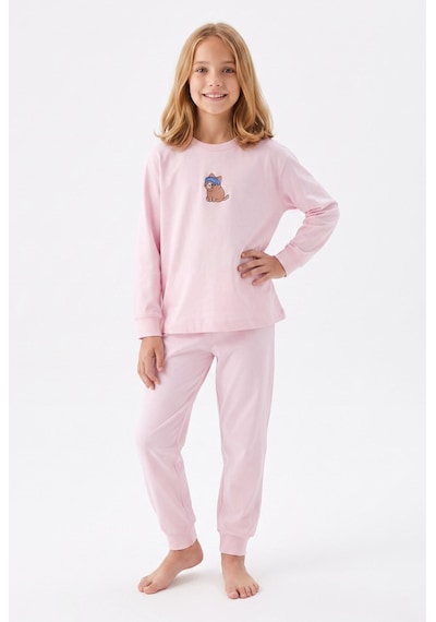 Bunny Hopp Kız Çocuk Uzun Kollu Pijama Takımı %100 Pamuk Pembe Kedi Desenli Penye