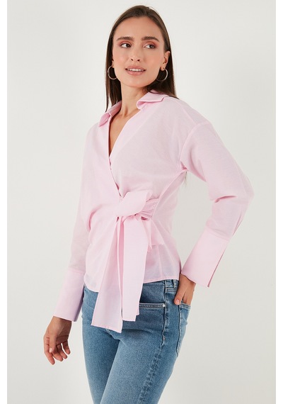 Lela Pamuklu Regular Fit Uzun Kollu Bağlama Detaylı Bayan Gömlek 65200538 Pembe