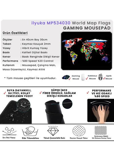 İlyuka Mousepad 40x30cm Gaming Oyuncu Mp534030 World Map Flags