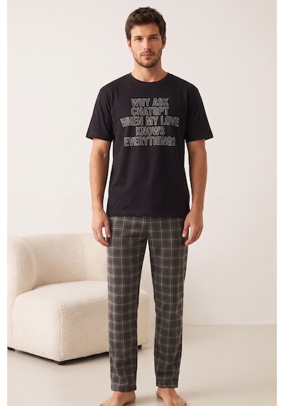 Siyah İnci Desenli Baskılı Örme Kısa Kollu Pijama Takım 8004 Sıyah Chat Baskılı