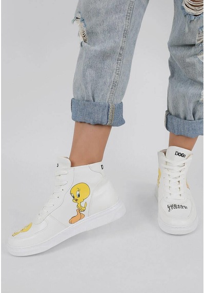 Kadın Vegan Deri Beyaz High Sneakers - Warner Bros Tweety Classic Tasarım Çok Renkli