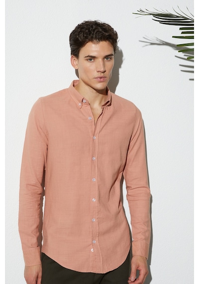 Tudors Erkek Slim Fit Dar Kesim %100 Pamuk Düğmeli Yaka Flam Keten Turuncu Gömlek-50269
