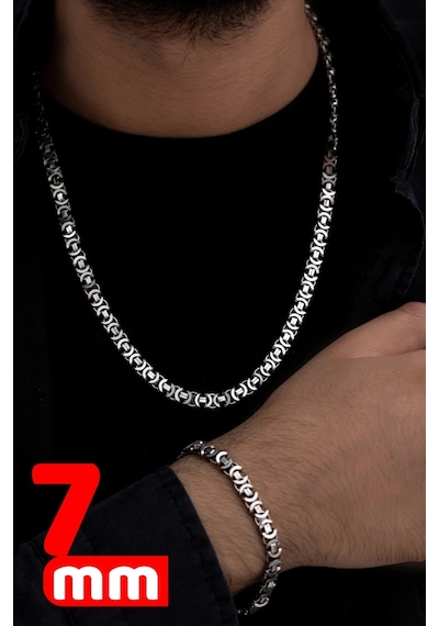 Erkek Gümüş Kolye Bileklik Set - 7mm Euro Kral Zincir Oksitli Mod