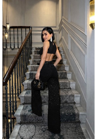 Glammoss L'atelier Yüksek Bel Taş Detaylı Wide Leg Jean Blackshine Blackshine