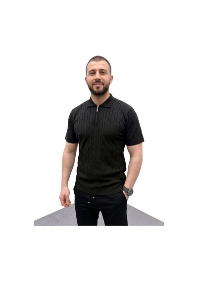 Erkek Yazlık Triko Saç Örgü Tişört Kısa Kol Polo Yaka Fermuarlı T-shirt - Siyah