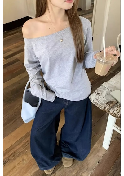 Cool Tarz Gri Kadın Düşük Omuz Kayık Yaka Oversize Uzun Kollu T-shirt Gri Gri