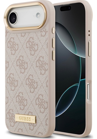 Apple Uyumlu iPhone 17 Air Kılıf Guess Lisanslı M-safeli 4g Desenli Pu Metal Plaka Klasik Logolu Pembe Pembe
