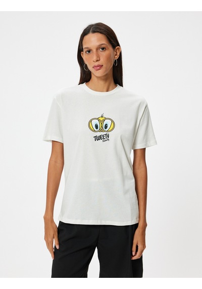 Koton Tweety Oversize Tişört Arkası Baskılı Bisiklet Yaka Lisanslı Ekru 4sal11194ık Ekru
