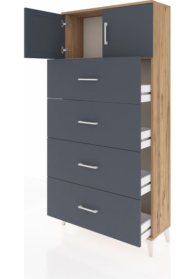 Arges Dolap Tek Raflı 4 Çekmeceli 2 Kapaklı 88x30x182 Çam-ant... Çam