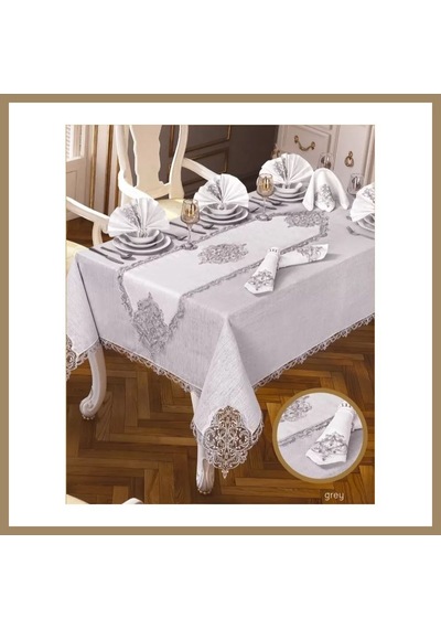 Kahveci.store Elegant Linen Krem-gümüş 12 Kişilik 26 Parça 160 220 Cm Premium Sofra Masa Takımı 22