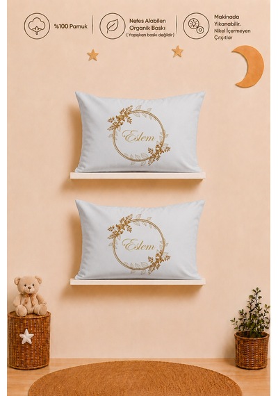 İsme Özel Kız Bebek 2'li Yastık Kılıfı 35x45 Cm %100 Pamuk Organik Baskılı İsimli Bebek Hediyesi 1054y2