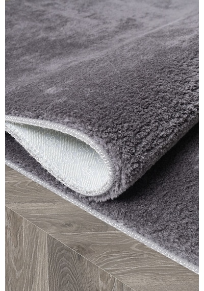 Comfort Ponpon Saçaklı Peluş Halı Antrasit Antrasit Overloklu Oval