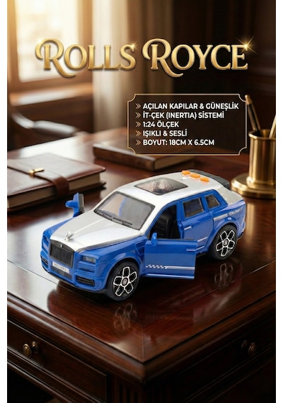 Rolls Royce Tarzı Lüks Makam Aracı Mavi - Sesli Işıklı Kapıları Açılan Sürtmeli Oyuncak Araba Çok Renkli