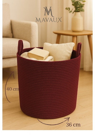 Mavaux El İşçiliği Dokulu Büyük Boy Sepet 40 X 36 Cm Dekoratif Ev Düzeni, Oyuncak Ve Çamaşır Organizer Mürdüm