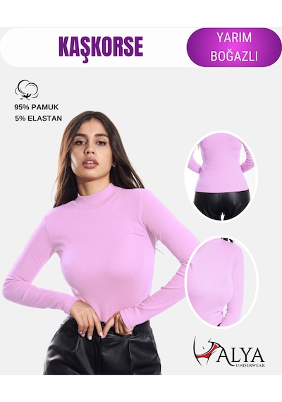 Alya Underwear Kaşkorse Yarım Boğaz Body Sweatshirt, Fitilli Kumaş, Likralı, Bordo LILA