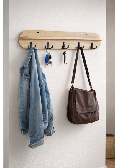 90 Cm 5 Kancalı Oval Kesim Ahsap Renk Duvara Monte Askılık Bal Meşe