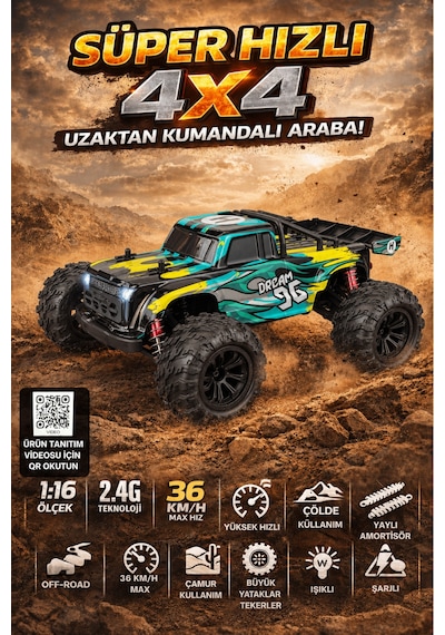 Sarı 1:16 Rc Araba 36 Km/h Hızlı 4x4 Uzaktan Kumandalı Off Road Drift Araç Şarjlı 2.4ghz