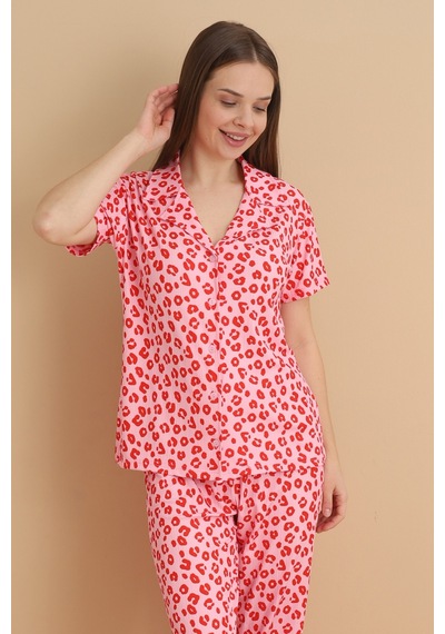 Wordex Mirano 9513 Desenli Pegasus Kumaş Düğmeli Kısa Kolu Kadın Pijama Takımı Pembe