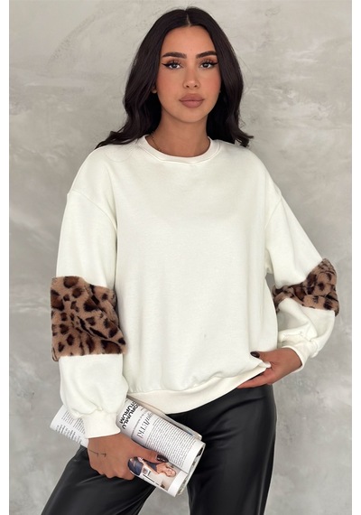 Femelle Kadın Kolları Leopar Detaylı İçi Pamuklu Oversize Sweatshirt beyaz