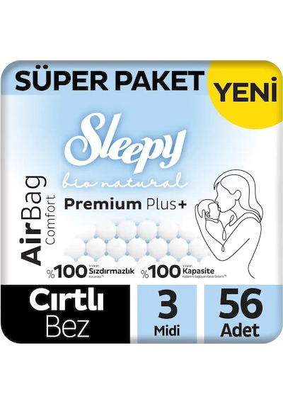 Sleepy Bio Natural Premium Plus Airbag Comfort Süper Paket Bebek Bezi 3 Numara Midi 56 Adet