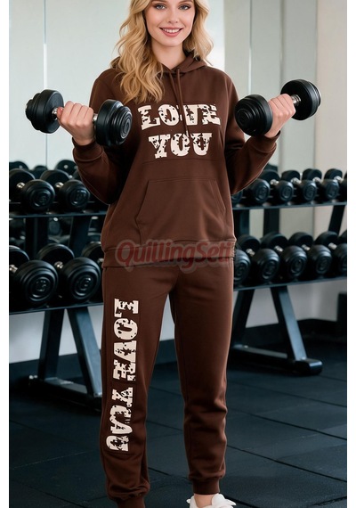 Lady Uzun Kol 22070 Kapüşonlu Ve Kanguru Cepli Kahverengi Renk Kadın Spor Eşofman Takımı