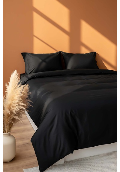 Elegant Siyah Saten Çift Kişilik %100 Pamuklu Nevresim Takımı - 4 Parça Siyah