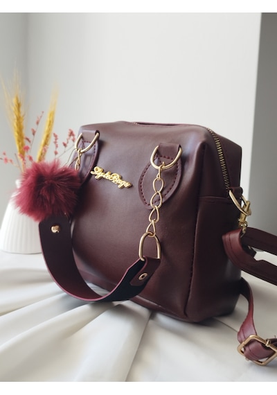 Vivazzaluxe Mini Boy Deri Puf Charm Detaylı El Omuz Ve Çapraz Çanta Bordo