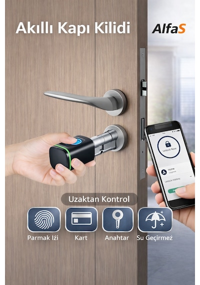 Parmak İzli Anahtarlı Kartlı Ve Uzaktan Kontrollü Pvc Ahşap Aliminyüm Uyumlu Akıllı Kapı Kilidi Siyah