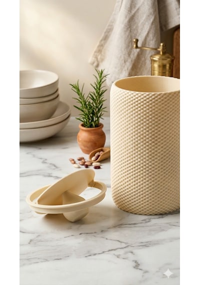 Modern Geometrik Dokulu Döner Kapaklı Masaüstü Çöp Kutusu- 18 Cm Krem Krem
