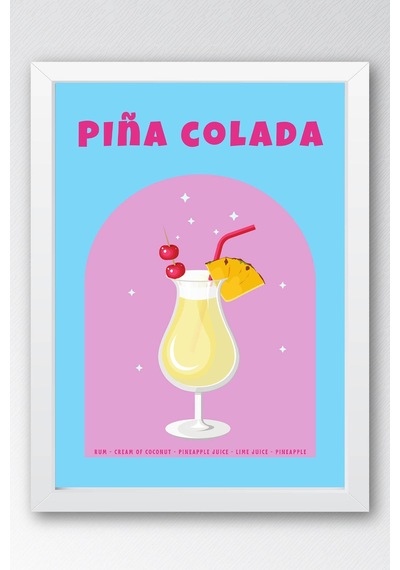 Pina Colada Temalı Renkli Çerçeveli Tablo Modern Mutfak Ve Bar Duvar Dekoru Beyaz