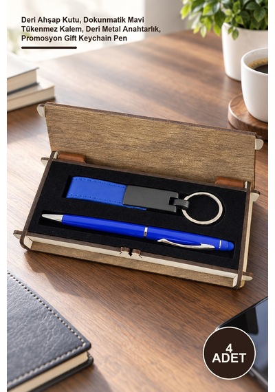 4 Adet Ahşap Kutulu Mavi Kalem Anahtarlık Seti Deri Ahşap Kutu, Dokunmatik Mavi Tükenmez Kalem, Deri Metal Anahtarlık, Promosyon Gift Keychain Pen