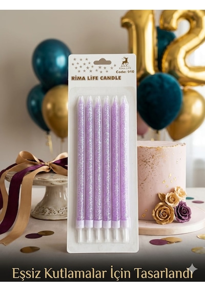 Rima Life Candle Doğum Günü Pasta Mumu, Mor Simli, Uzun İnce, Kutlama İçin, 6'lı Paket +0