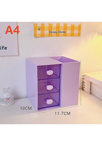 Masaüstü Kalemlik Organizer 7 Bölmeli Kawaii Kapaklı Mini Çekmeceli Kalemlik - Mor Mor