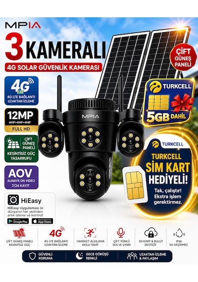 Mpıa Koto 12mp 3 Lens 4g Çift Solar Panel Hieasy Aov Sürekli Kayıt Gece Görüş Çift Yönlü Ses Turkcell Sim Kart